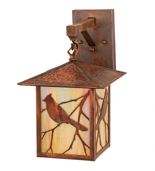 Meyda Lighting Seneca 12" Vintage Copper Song Bird Straight Arm Wall Sconce With Beige Iridsecent Shade Glass