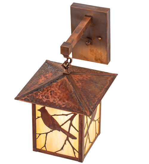 Meyda Lighting Seneca 12" Vintage Copper Song Bird Straight Arm Wall Sconce With Beige Iridsecent Shade Glass