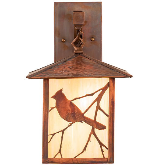 Meyda Lighting Seneca 12" Vintage Copper Song Bird Straight Arm Wall Sconce With Beige Iridsecent Shade Glass