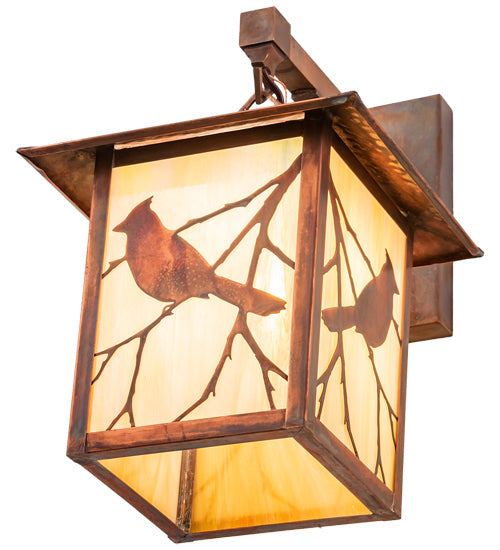 Meyda Lighting Seneca 12" Vintage Copper Song Bird Straight Arm Wall Sconce With Beige Iridsecent Shade Glass