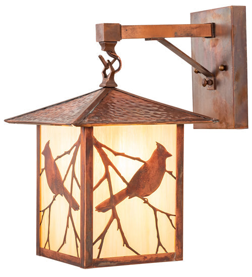 Meyda Lighting Seneca 12" Vintage Copper Song Bird Straight Arm Wall Sconce With Beige Iridsecent Shade Glass