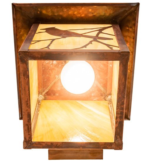 Meyda Lighting Seneca 12" Vintage Copper Song Bird Straight Arm Wall Sconce With Beige Iridsecent Shade Glass