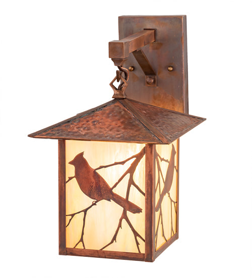 Meyda Lighting Seneca 12" Vintage Copper Song Bird Straight Arm Wall Sconce With Beige Iridsecent Shade Glass