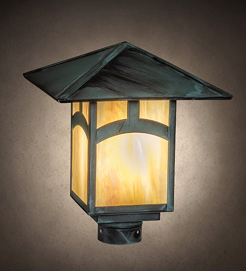 Meyda Lighting Seneca 12"Sq Verdigris Hill Top Outdoor Post Mount LightWith Beige Iridescent Shade Glass