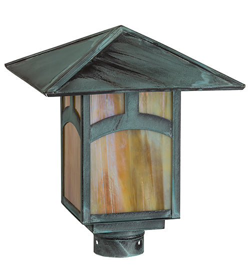 Meyda Lighting Seneca 12"Sq Verdigris Hill Top Outdoor Post Mount LightWith Beige Iridescent Shade Glass