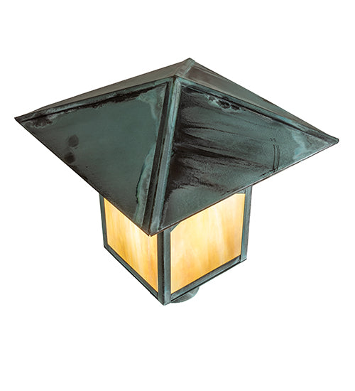 Meyda Lighting Seneca 12"Sq Verdigris Hill Top Outdoor Post Mount LightWith Beige Iridescent Shade Glass