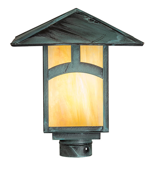 Meyda Lighting Seneca 12"Sq Verdigris Hill Top Outdoor Post Mount LightWith Beige Iridescent Shade Glass