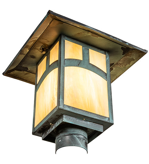 Meyda Lighting Seneca 12"Sq Verdigris Hill Top Outdoor Post Mount LightWith Beige Iridescent Shade Glass