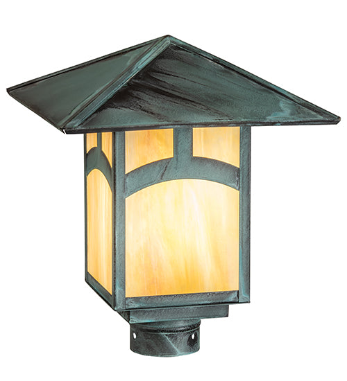 Meyda Lighting Seneca 12"Sq Verdigris Hill Top Outdoor Post Mount LightWith Beige Iridescent Shade Glass