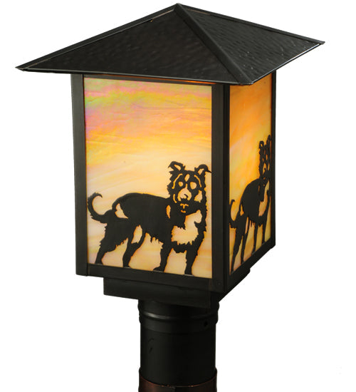 Meyda Lighting Seneca 13" Craftsman Brown Dog Post Mount Light With Beige and Amber Iridescent Shade Glass