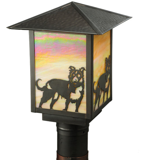 Meyda Lighting Seneca 13" Craftsman Brown Dog Post Mount Light With Beige and Amber Iridescent Shade Glass