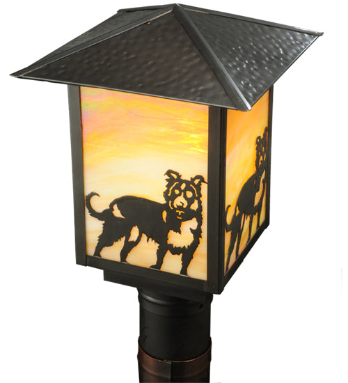 Meyda Lighting Seneca 13" Craftsman Brown Dog Post Mount Light With Beige and Amber Iridescent Shade Glass