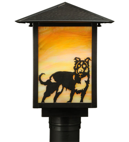 Meyda Lighting Seneca 13" Craftsman Brown Dog Post Mount Light With Beige and Amber Iridescent Shade Glass