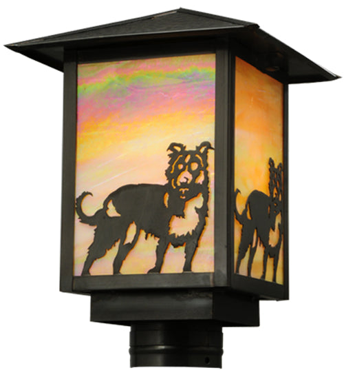Meyda Lighting Seneca 13" Craftsman Brown Dog Post Mount Light With Beige and Amber Iridescent Shade Glass