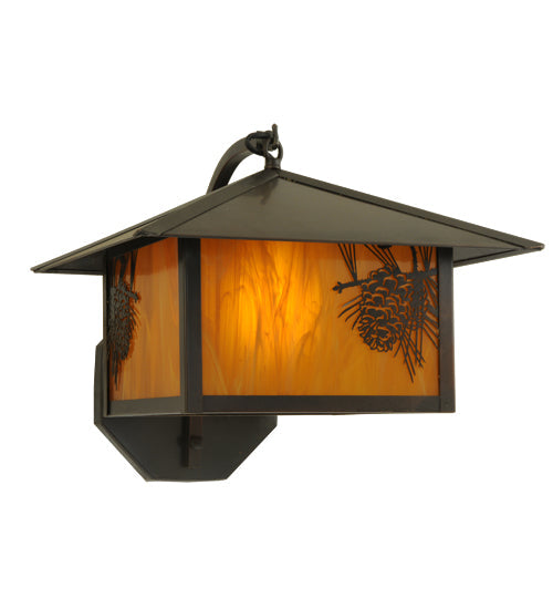 Meyda Lighting Seneca 13" Craftsman Brown Winter Pine Curved Arm Wall Sconce With Honey Amber Art Shade Glass