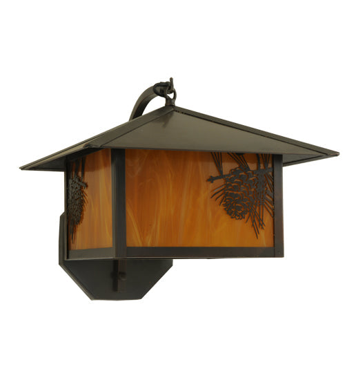 Meyda Lighting Seneca 13" Craftsman Brown Winter Pine Curved Arm Wall Sconce With Honey Amber Art Shade Glass