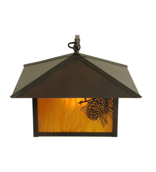 Meyda Lighting Seneca 13" Craftsman Brown Winter Pine Curved Arm Wall Sconce With Honey Amber Art Shade Glass