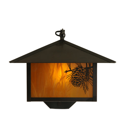 Meyda Lighting Seneca 13" Craftsman Brown Winter Pine Curved Arm Wall Sconce With Honey Amber Art Shade Glass