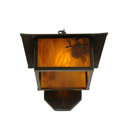 Meyda Lighting Seneca 13" Craftsman Brown Winter Pine Curved Arm Wall Sconce With Honey Amber Art Shade Glass