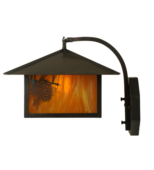Meyda Lighting Seneca 13" Craftsman Brown Winter Pine Curved Arm Wall Sconce With Honey Amber Art Shade Glass