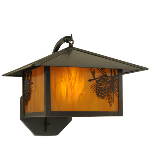 Meyda Lighting Seneca 13" Craftsman Brown Winter Pine Curved Arm Wall Sconce With Honey Amber Art Shade Glass