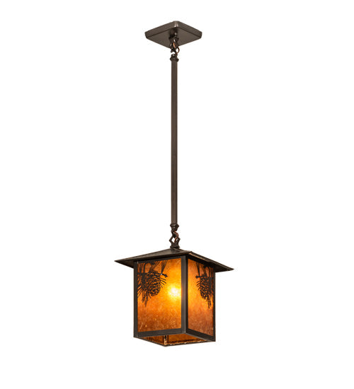 Meyda Lighting Seneca 13" Craftsman Brown Winter Pine Pendant Light With Amber Mica Shade Glass