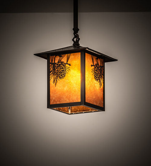 Meyda Lighting Seneca 13" Craftsman Brown Winter Pine Pendant Light With Amber Mica Shade Glass