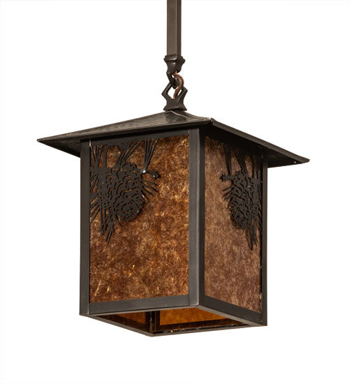 Meyda Lighting Seneca 13" Craftsman Brown Winter Pine Pendant Light With Amber Mica Shade Glass