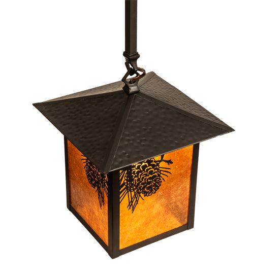 Meyda Lighting Seneca 13" Craftsman Brown Winter Pine Pendant Light With Amber Mica Shade Glass