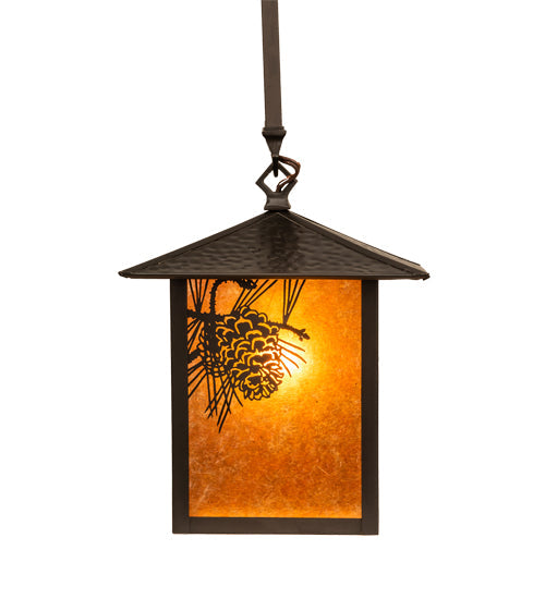 Meyda Lighting Seneca 13" Craftsman Brown Winter Pine Pendant Light With Amber Mica Shade Glass