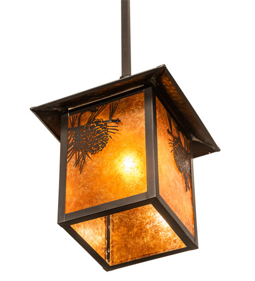 Meyda Lighting Seneca 13" Craftsman Brown Winter Pine Pendant Light With Amber Mica Shade Glass