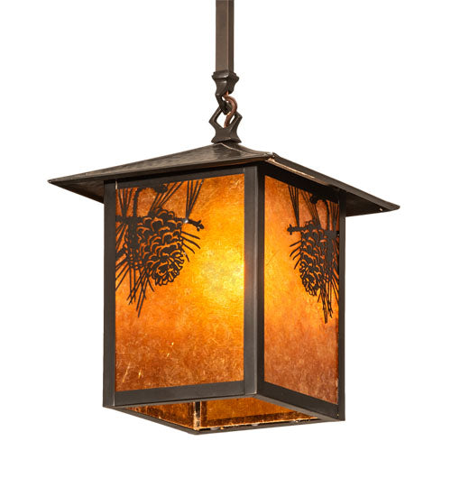 Meyda Lighting Seneca 13" Craftsman Brown Winter Pine Pendant Light With Amber Mica Shade Glass