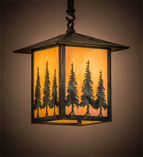 Meyda Lighting Seneca 13" Craftsman Verdigris Tall Pines Pendant Light With Beige Iridescent Shade Glass