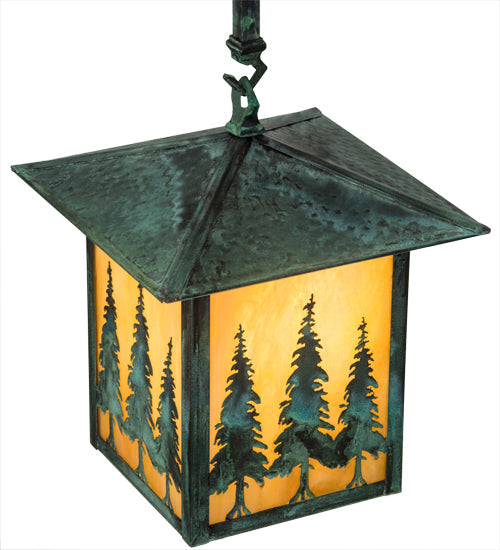 Meyda Lighting Seneca 13" Craftsman Verdigris Tall Pines Pendant Light With Beige Iridescent Shade Glass