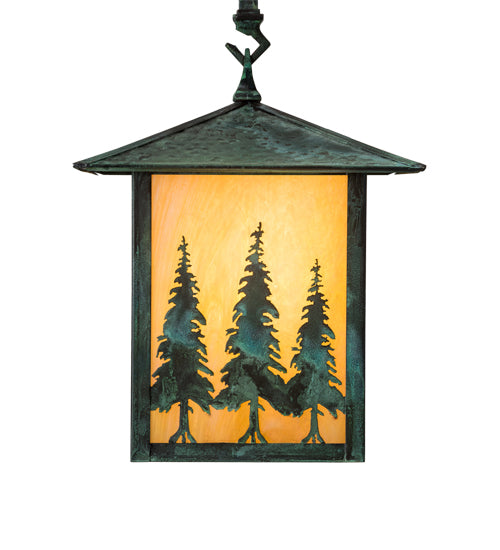 Meyda Lighting Seneca 13" Craftsman Verdigris Tall Pines Pendant Light With Beige Iridescent Shade Glass