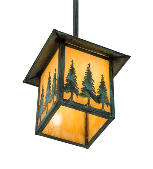 Meyda Lighting Seneca 13" Craftsman Verdigris Tall Pines Pendant Light With Beige Iridescent Shade Glass