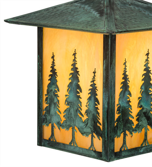 Meyda Lighting Seneca 13" Craftsman Verdigris Tall Pines Pendant Light With Beige Iridescent Shade Glass