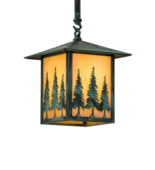 Meyda Lighting Seneca 13" Craftsman Verdigris Tall Pines Pendant Light With Beige Iridescent Shade Glass