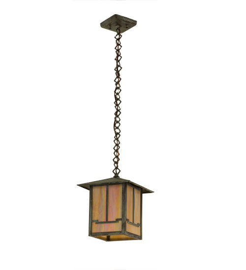 Meyda Lighting Seneca 13" Craftsman Verdigris Valley View Pendant Light With Beige Iridescent Shade Glass