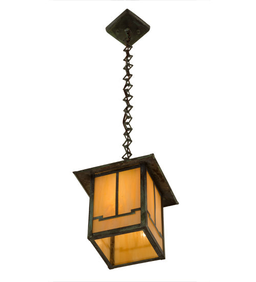 Meyda Lighting Seneca 13" Craftsman Verdigris Valley View Pendant Light With Beige Iridescent Shade Glass