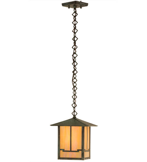 Meyda Lighting Seneca 13" Craftsman Verdigris Valley View Pendant Light With Beige Iridescent Shade Glass