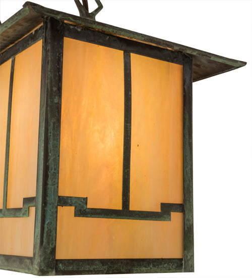 Meyda Lighting Seneca 13" Craftsman Verdigris Valley View Pendant Light With Beige Iridescent Shade Glass