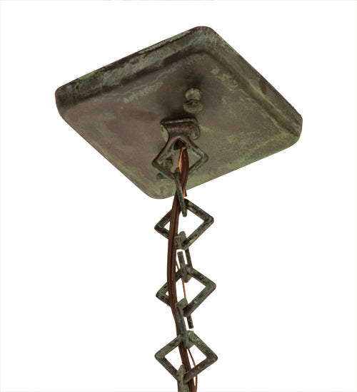 Meyda Lighting Seneca 13" Craftsman Verdigris Valley View Pendant Light With Beige Iridescent Shade Glass