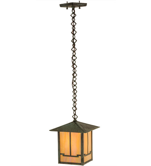 Meyda Lighting Seneca 13" Craftsman Verdigris Valley View Pendant Light With Beige Iridescent Shade Glass
