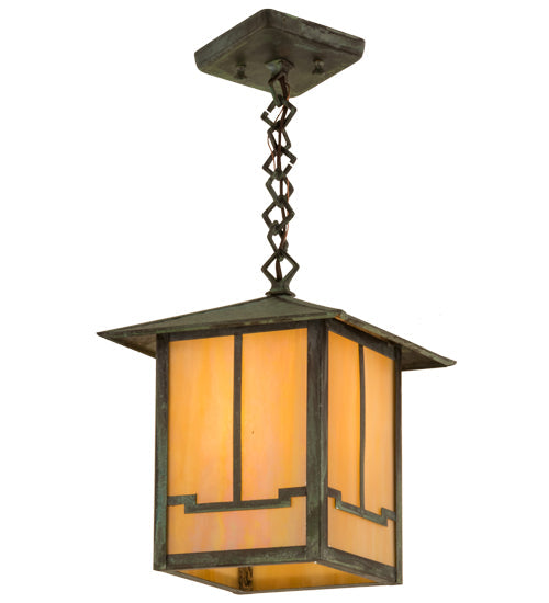 Meyda Lighting Seneca 13" Craftsman Verdigris Valley View Pendant Light With Beige Iridescent Shade Glass
