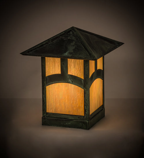 Meyda Lighting Seneca 13" Verdigris Hill Top Outdoor Deck Light With Beige Iridescent Art Shade Glass
