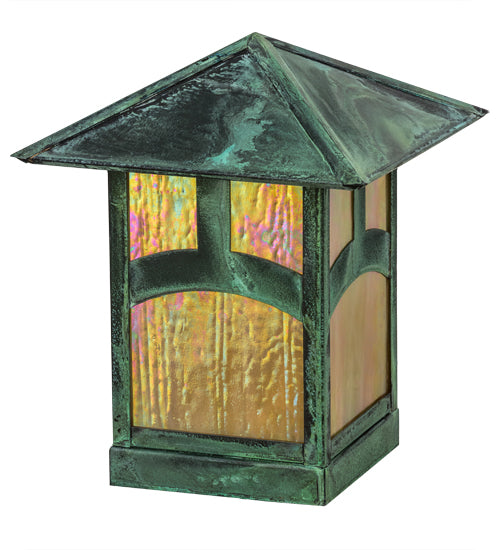 Meyda Lighting Seneca 13" Verdigris Hill Top Outdoor Deck Light With Beige Iridescent Art Shade Glass