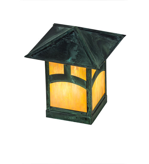 Meyda Lighting Seneca 13" Verdigris Hill Top Outdoor Deck Light With Beige Iridescent Art Shade Glass
