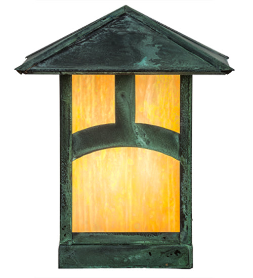 Meyda Lighting Seneca 13" Verdigris Hill Top Outdoor Deck Light With Beige Iridescent Art Shade Glass