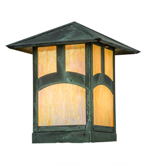 Meyda Lighting Seneca 13" Verdigris Hill Top Outdoor Deck Light With Beige Iridescent Art Shade Glass